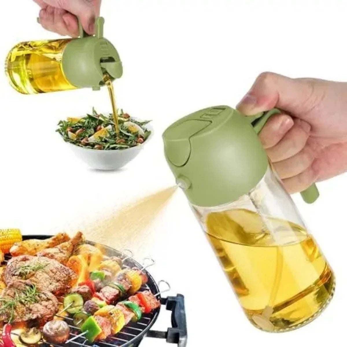 2-in-1 Glass Oil Sprayer & Dispenser, 470ml Dual-Use Olive Oil Bottle for Kitchen, BBQ, and Salad