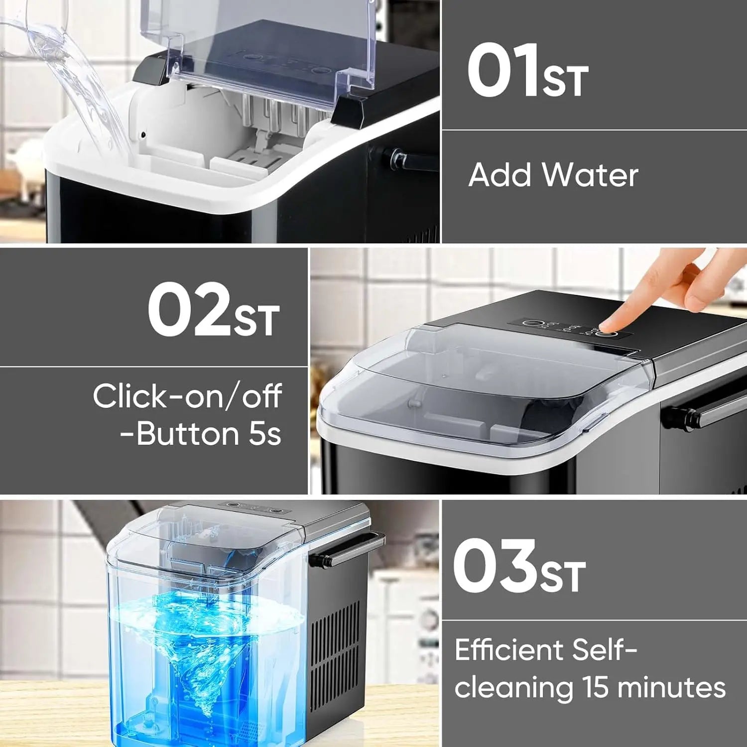 Portable Ice Maker, 26lbs/24H, 9 Cubes in 6 Mins, Self-Cleaning, Quiet for Home Kitchen RV Camping